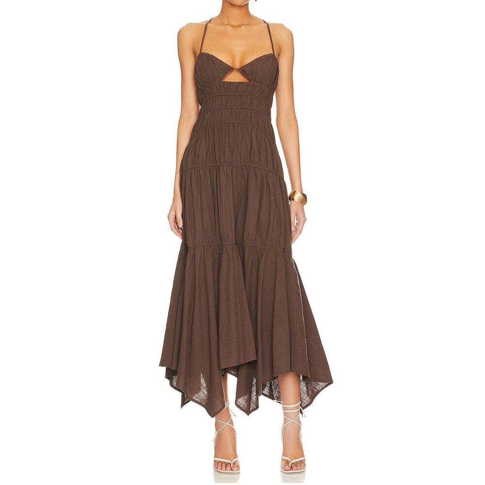 SNDYS. Tahlia Maxi Dress Chocolate Brown 100% Cotton Kerchief Hem